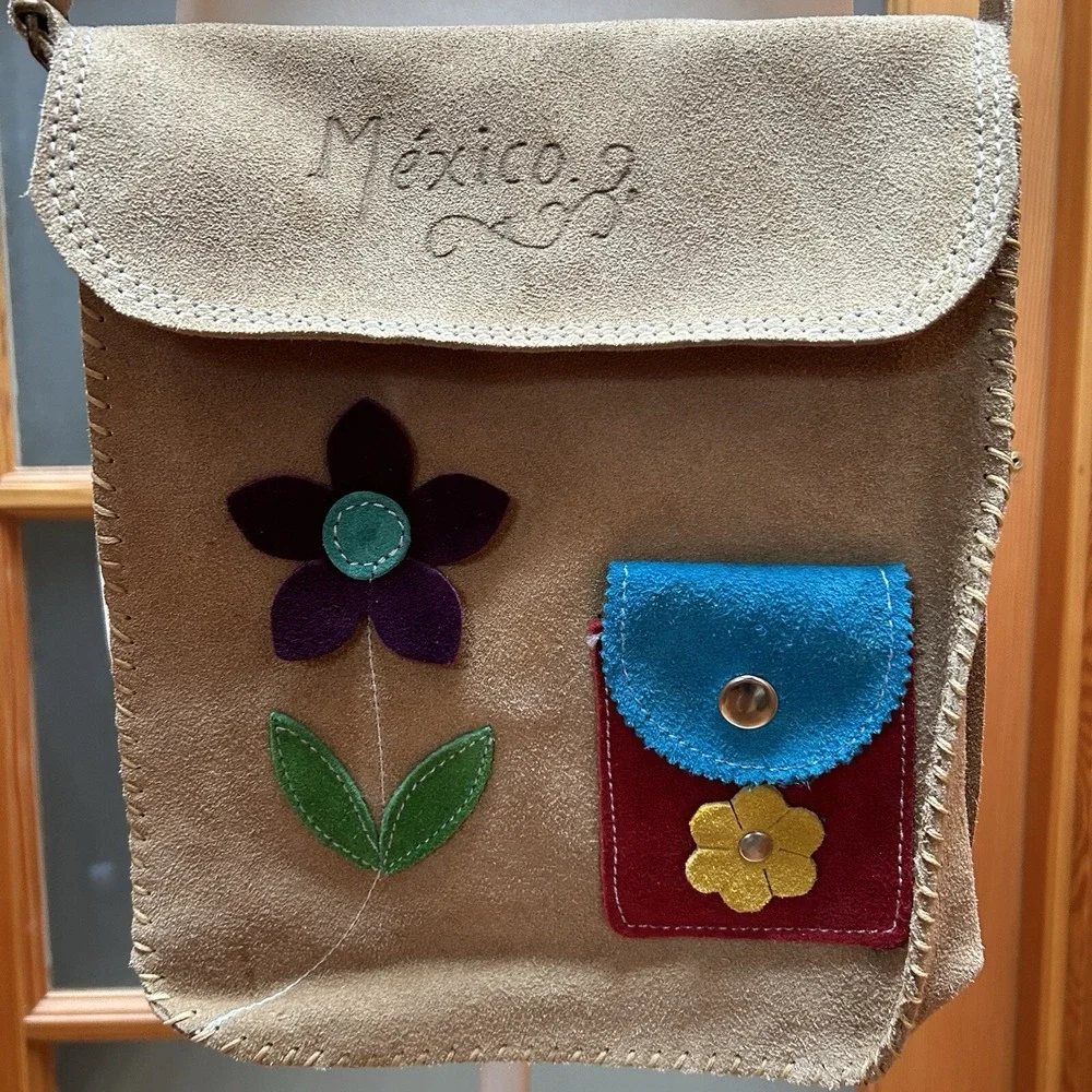VTG Mexico Handmade Artisan Leather Suede Crossbody Purse Bag Retro Boho Tan